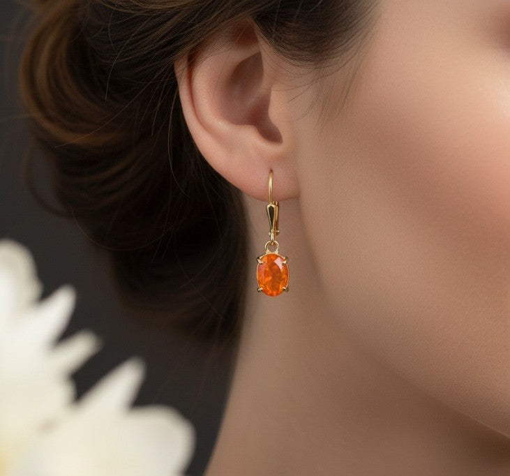 Flame Dance Drops: Natural Oval Fire Opal Dangle Earrings in Sterling Silver