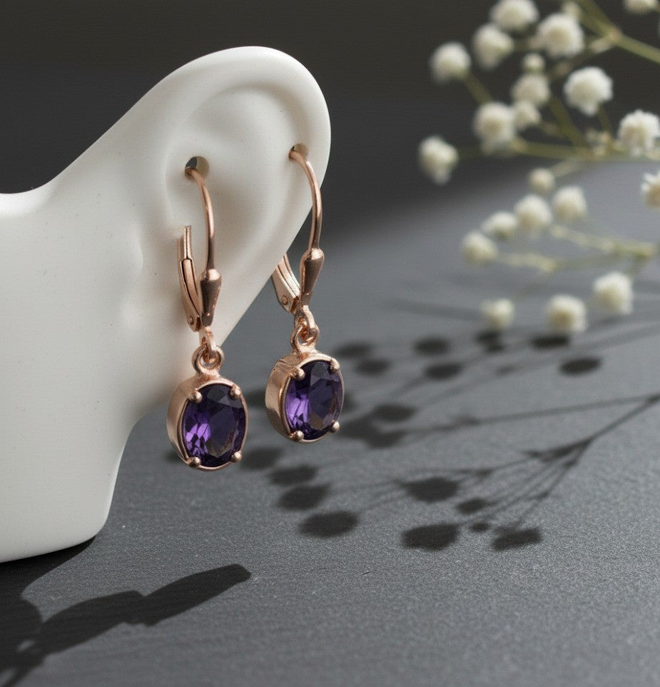 Royal Violet Drops: Natural Oval Amethyst Dangle Earrings in Sterling Silver