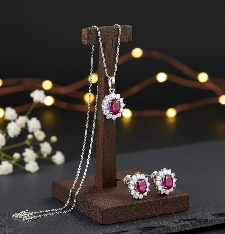 Twilight Halo Set: Natural Rhodolite Garnet & Moissanite Cluster Jewelry Set