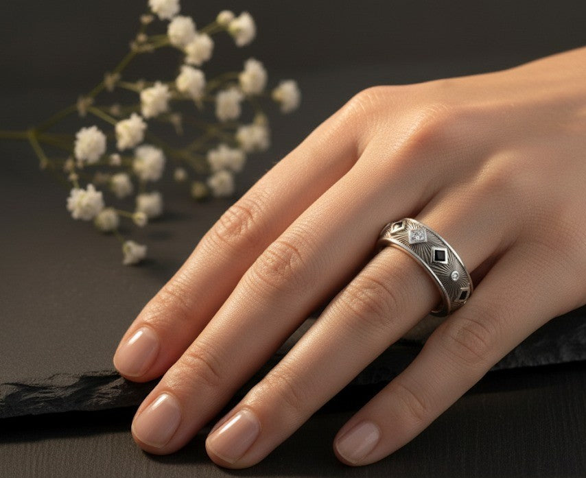 Art Deco Sunburst Band: Natural Black Spinel & Moissanite Eternity Ring in Sterling Silver