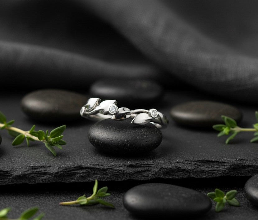 Whispering Leaves Ring: Natural Moissanite Accents in Sterling Silver Vine Band