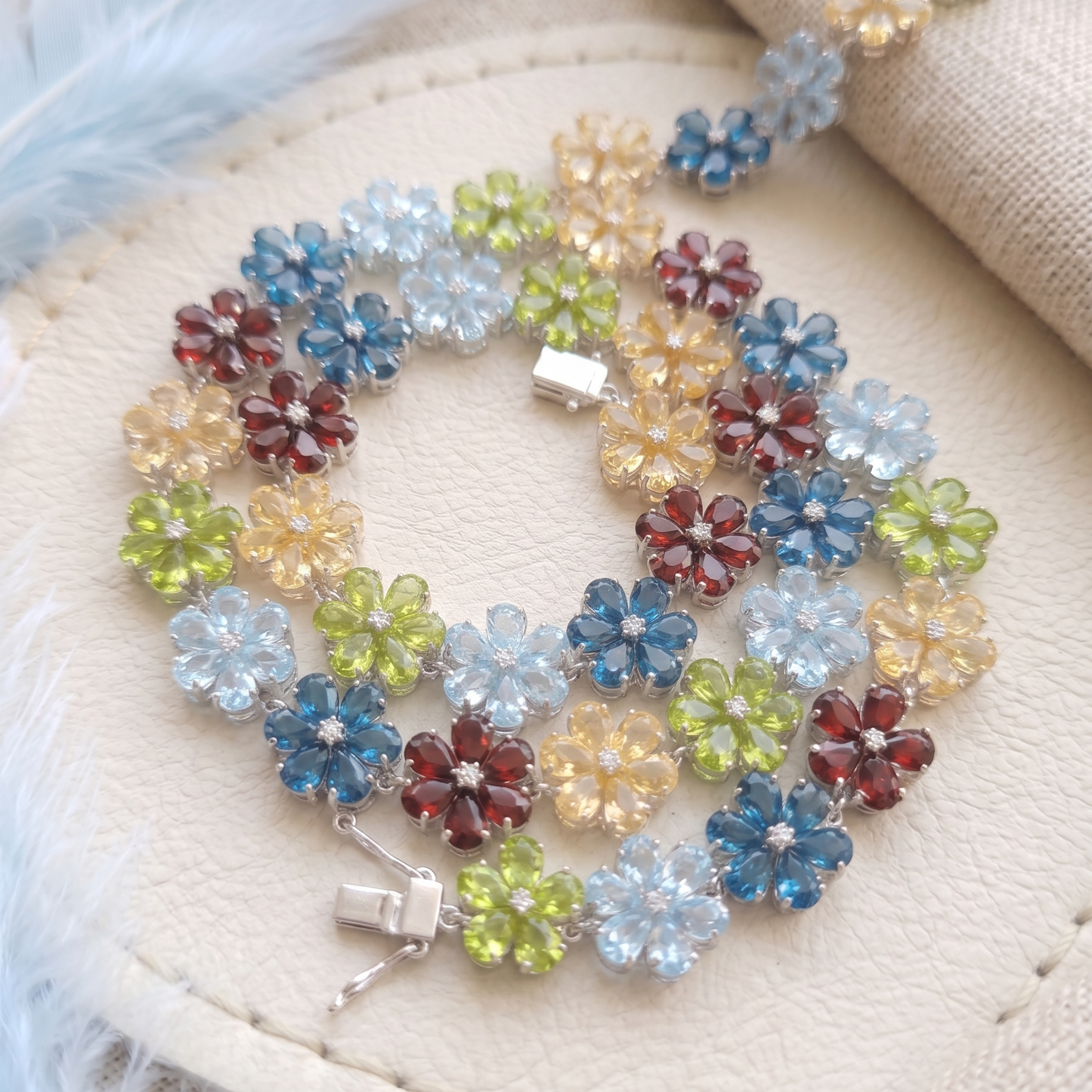 Multi-Gemstone Flower Link Necklace – Marquise Cut Floral Statement Jewelry for Women