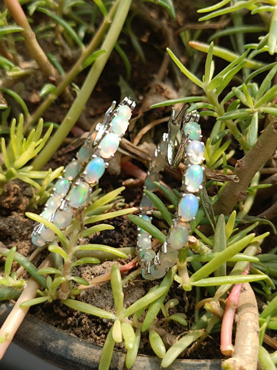 Celestial Set: Natural Opal & Moissanite Ring and Eternity Earrings In Sterling Silver