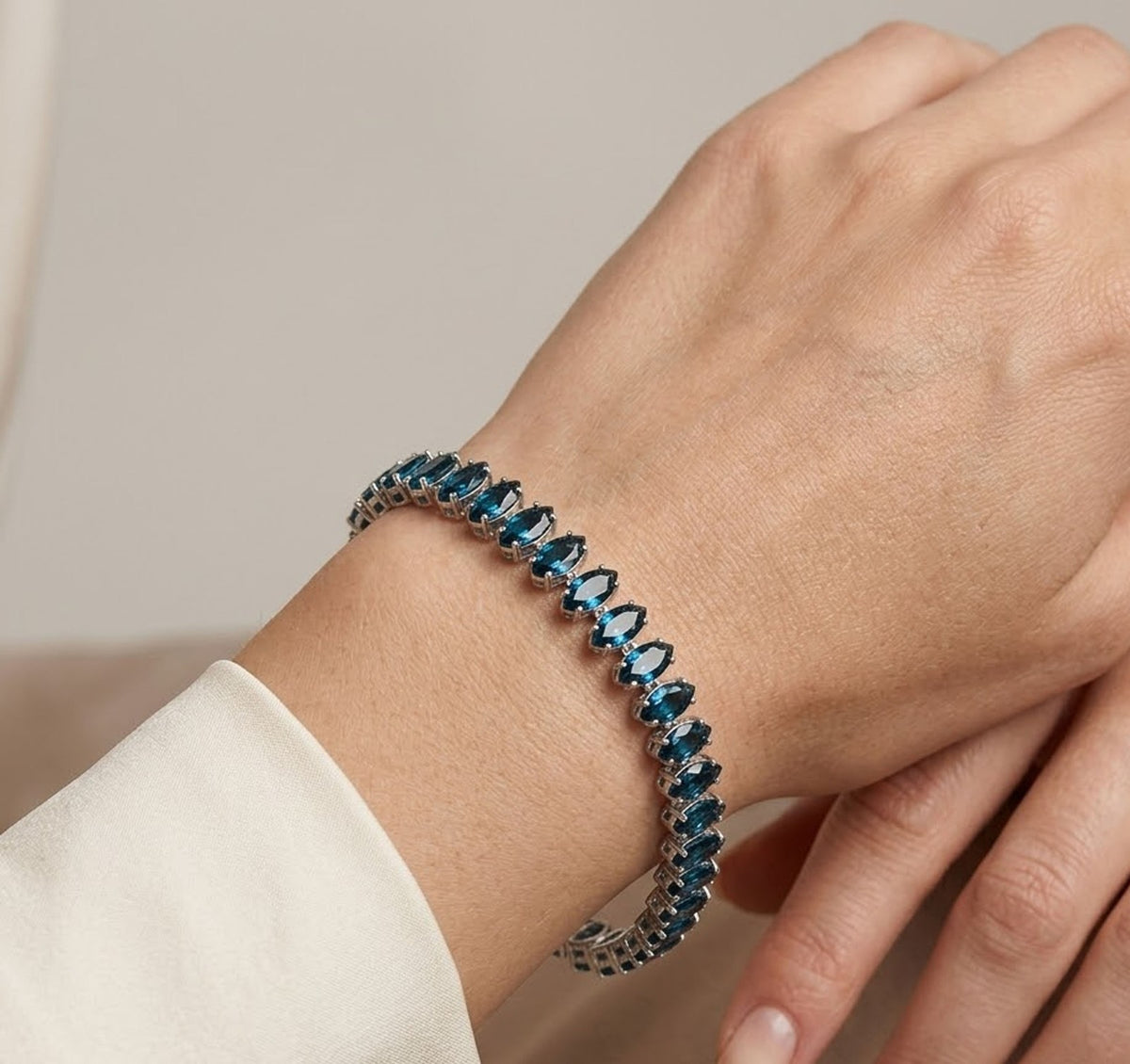 Handmade Natural London Blue Topaz Tennis Bracelet, 6x3mm Marquise Cut 925 Sterling Silver, Minimalist Fine Jewelry