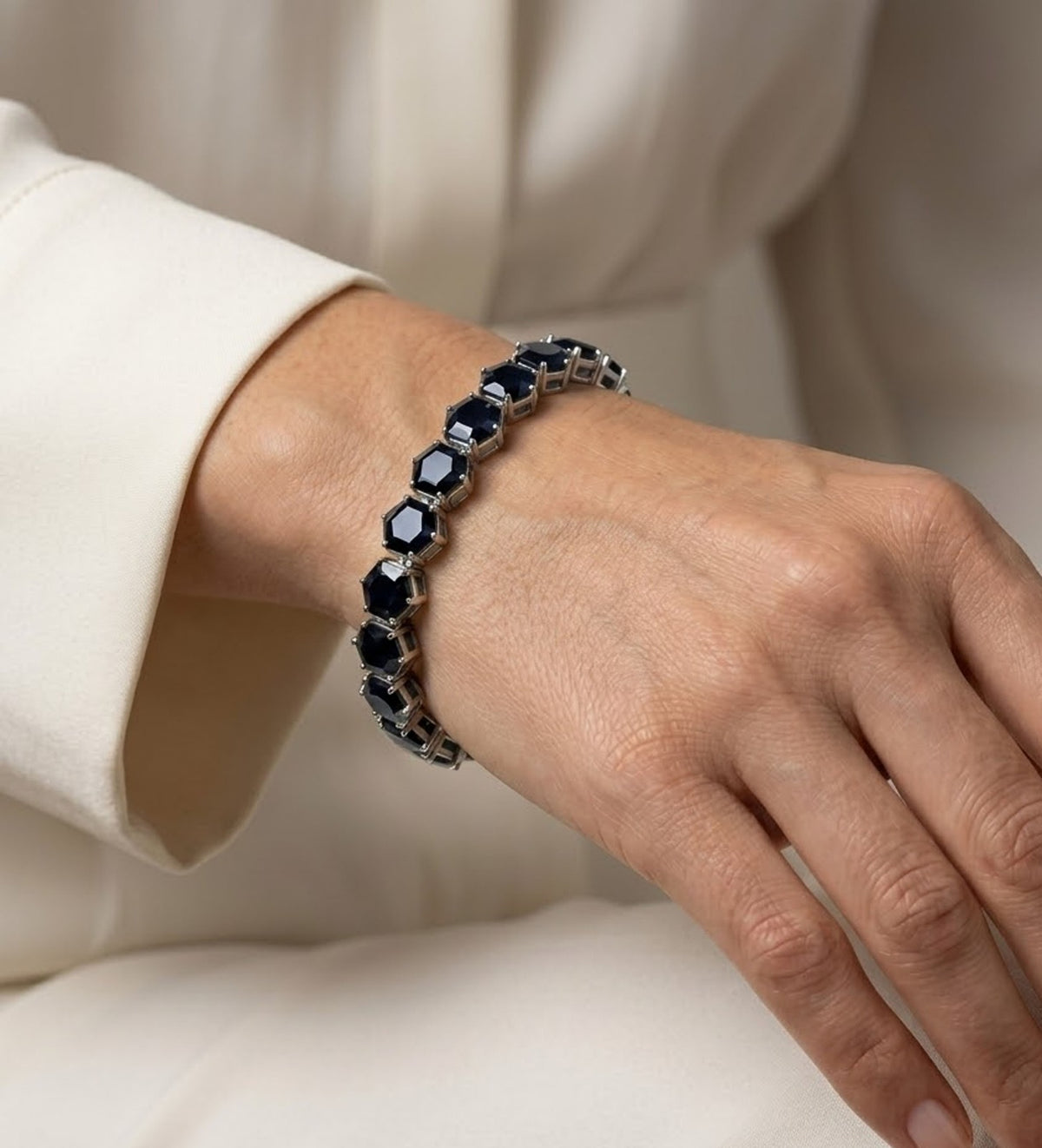 Natural Black Spinel Hexagon Cut Tennis Bracelet in Sterling Silver For Women