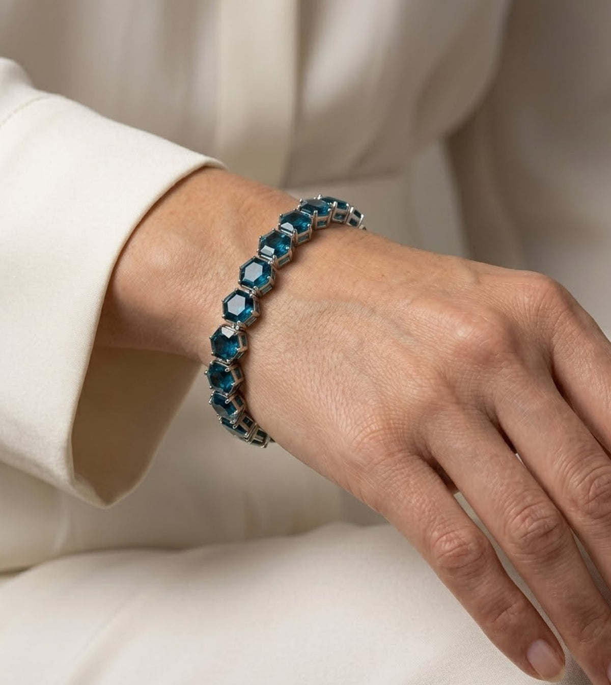 Natural London Blue Topaz Hexagon Cut Tennis Bracelet in 925 Sterling Silver For women