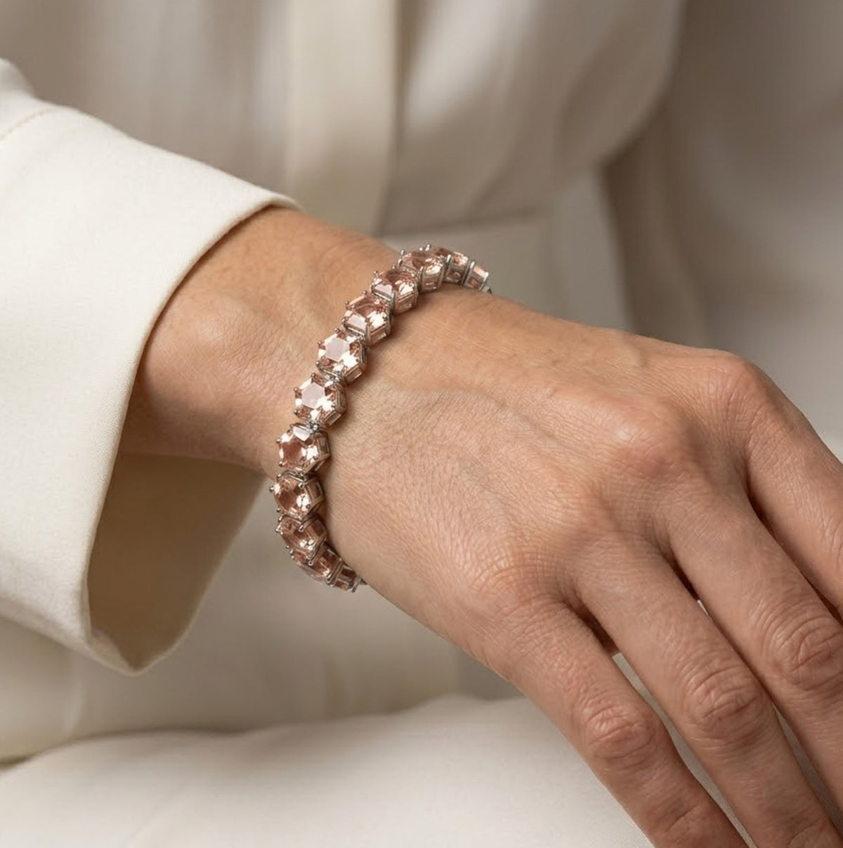 Lab-Grown Morganite Hexagon Cut Tennis Bracelet in 925 Sterling Silver For Women Gift