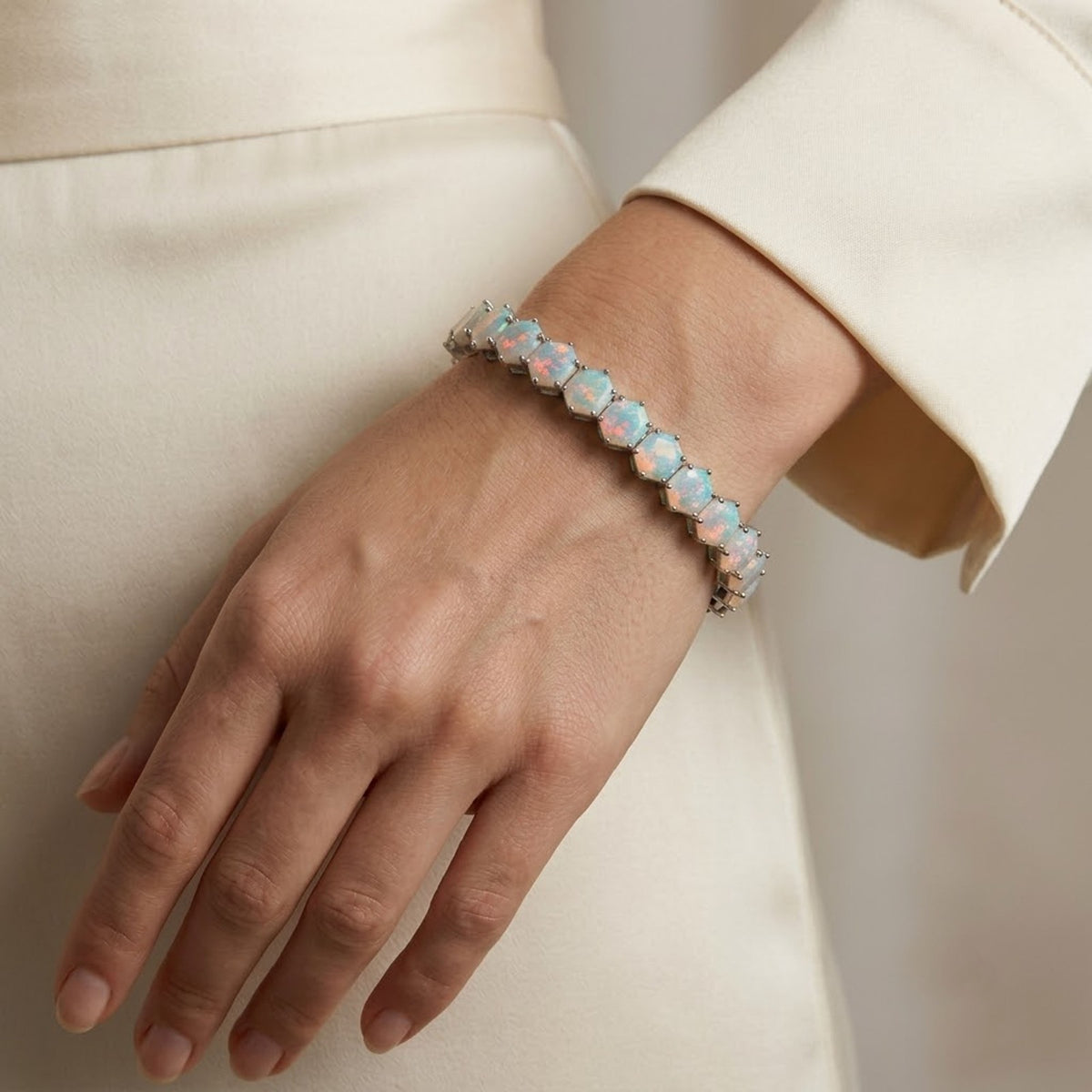 Natural Opal Hexagon Cut Tennis Bracelet in 925 Sterling Silver For Women Gift