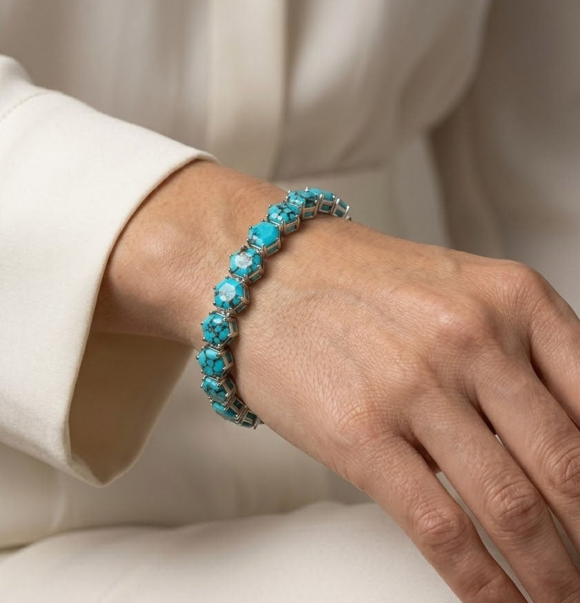 Natural Turquoise Hexagon Cut Tennis Bracelet in 925 Sterling Silver For Women Gift