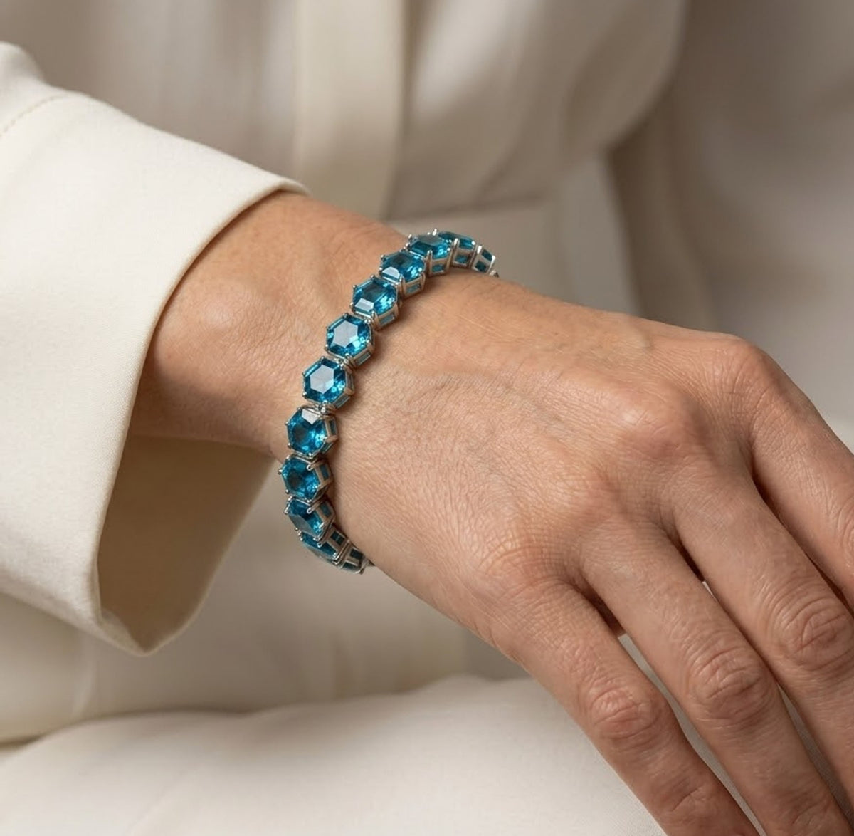 Natural Sky Blue Topaz Hexagon Cut Tennis Bracelet in 925 Sterling Silver.