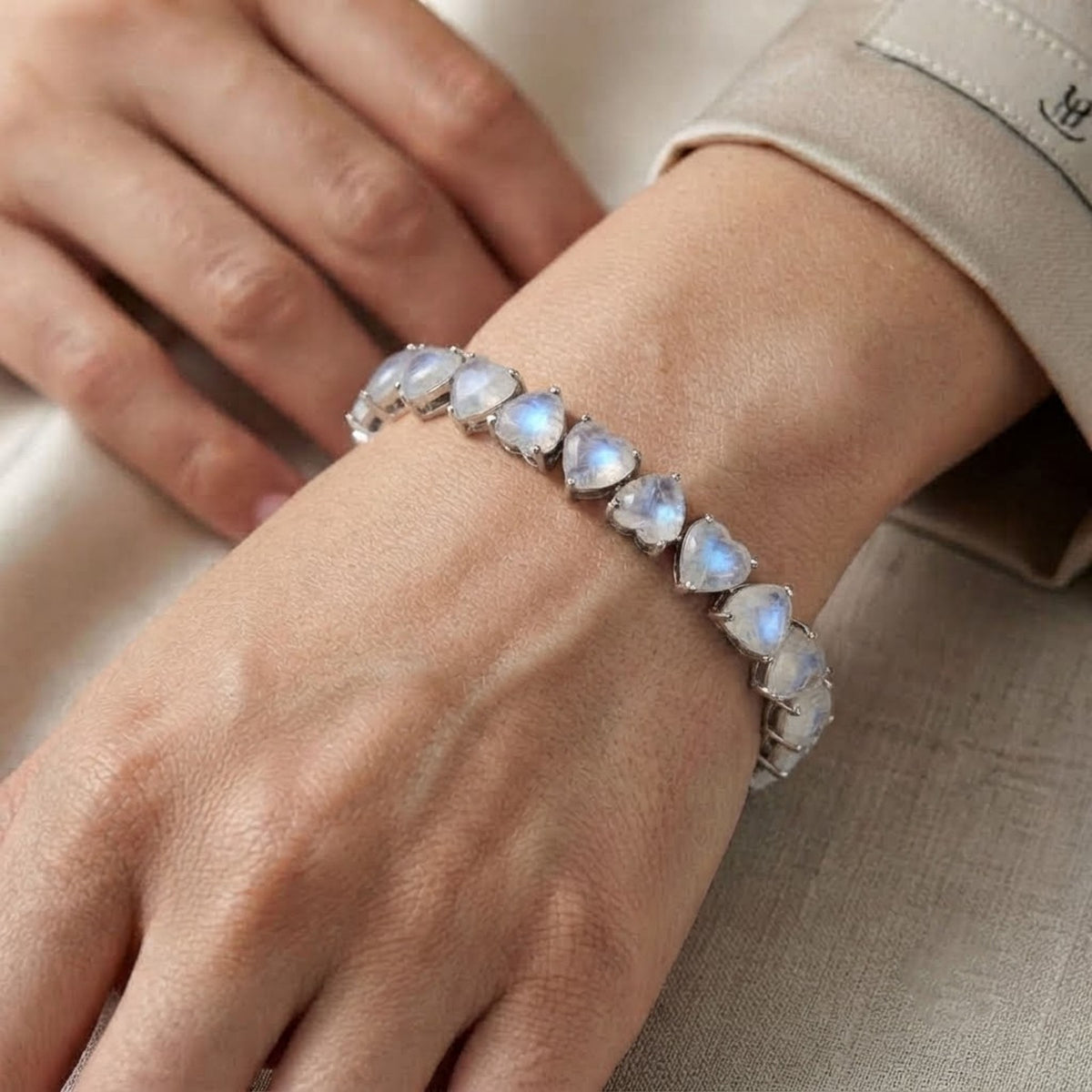 Natural Moonstone Heart Cut Tennis Bracelet in 925 Sterling Silver Women