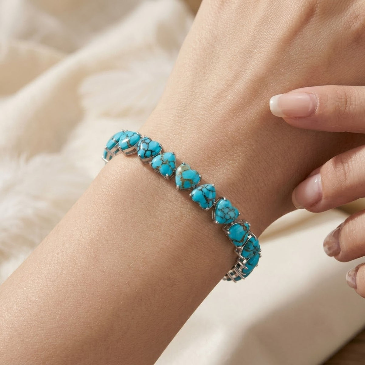 Natural Turquoise Heart Cut Tennis Bracelet in 925 Sterling Silver For Women