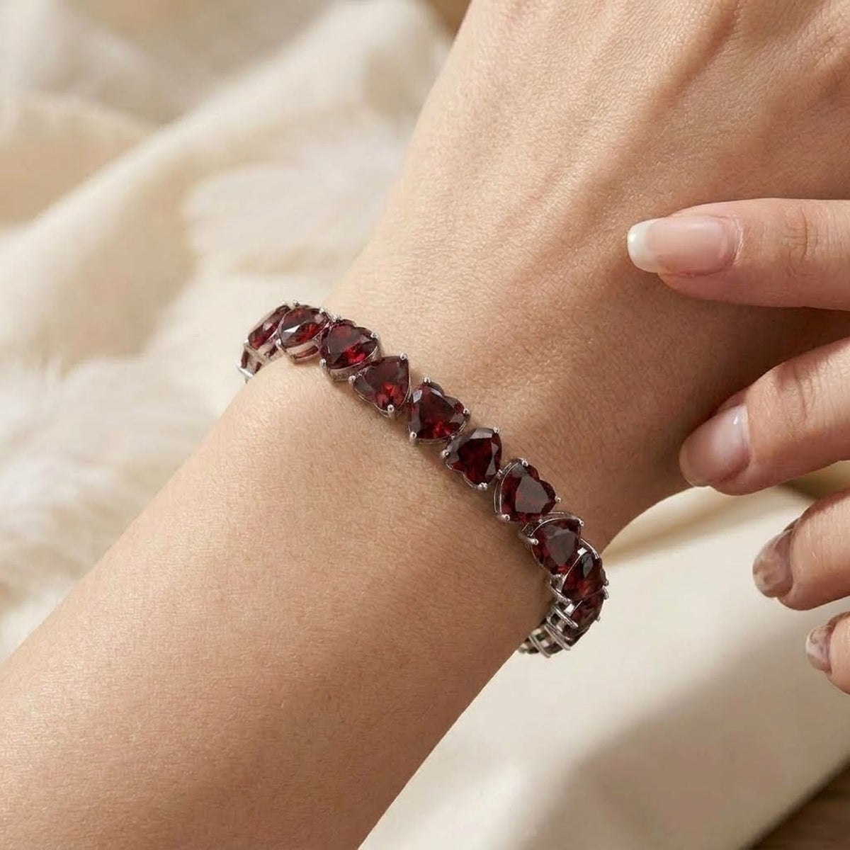 Natural Garnet Heart Cut Tennis Bracelet in 925 Sterling Silver For Women