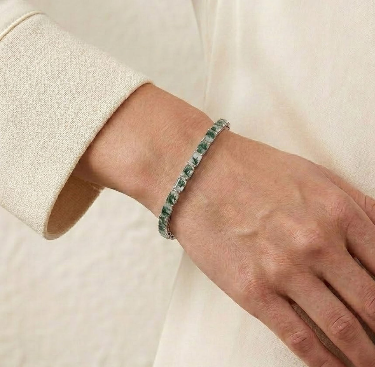 Natural Moss Agate Baguette Cut Tennis Bracelet In 925 Sterling Silver.