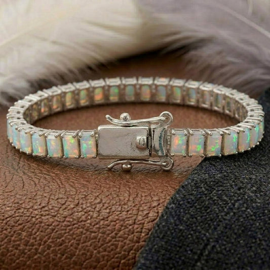 Natural Opal Baguette Cut Tennis Bracelet in 925 Sterling Silver