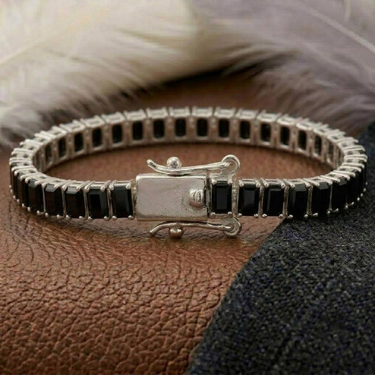 Natural Black Spinel Baguette Cut Tennis Bracelet in 925 Sterling Silver.