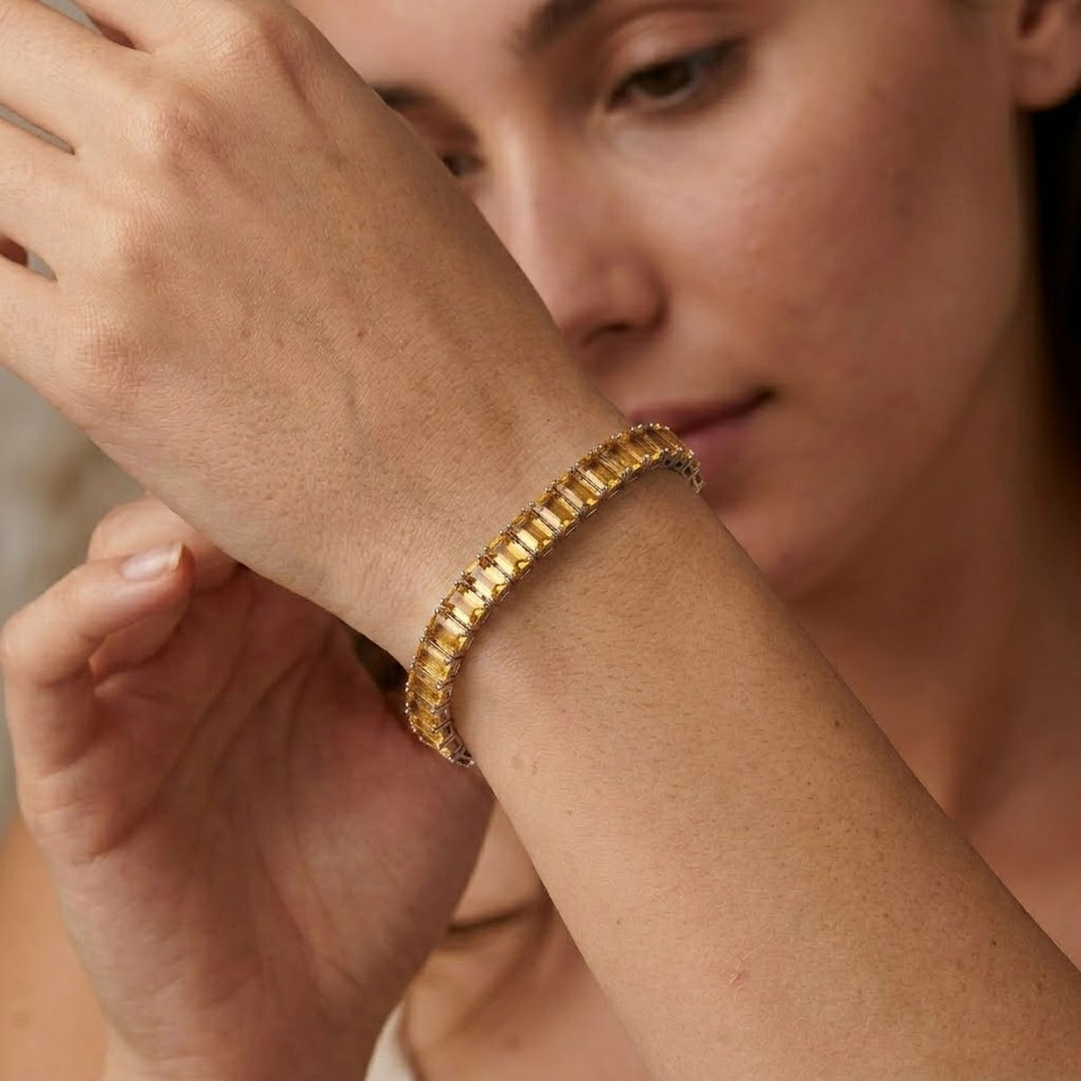 Natural Citrine Baguette Cut Tennis Bracelet In 925 Sterling Silver.