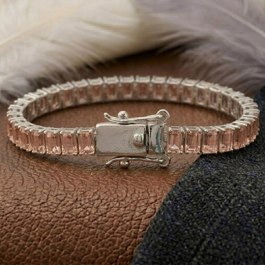 Lab-Grown Morganite Baguette Cut Bracelet in 925 Sterling Silver.