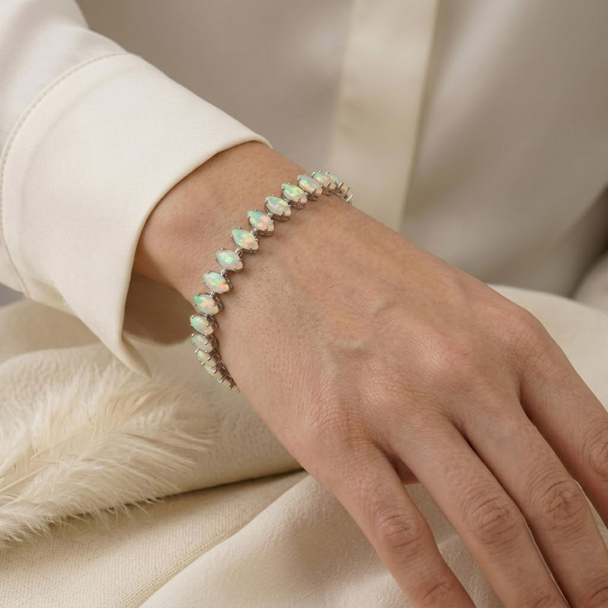 Natural Opal Tennis Bracelet - 925 Sterling Silver For Woman.