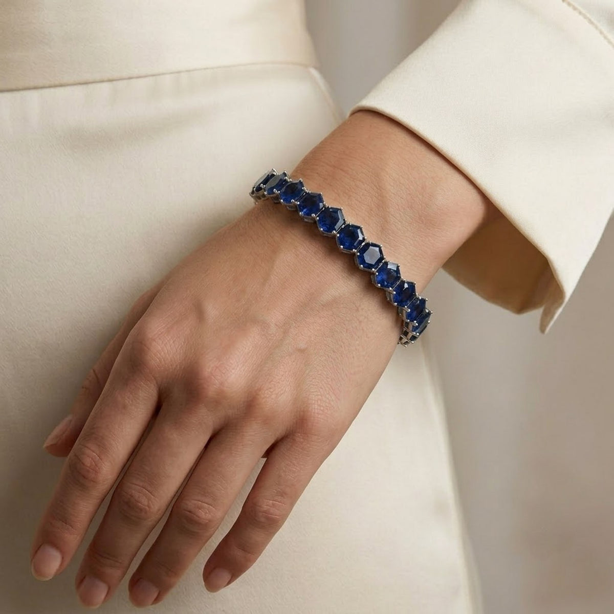 Natural Blue Sapphire Hexagon Cut Tennis Bracelet in 925 Sterling Silver For Women Gift