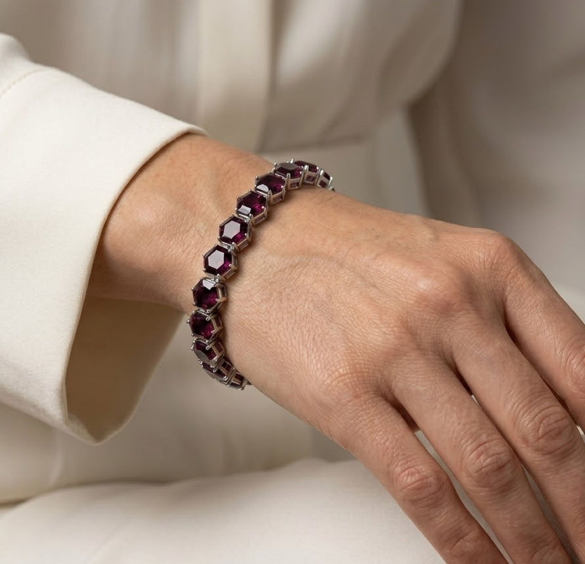 Natural Rhodolite Hexagone Cut Tennis Bracelet in 925 Sterling Silver For Women Gift