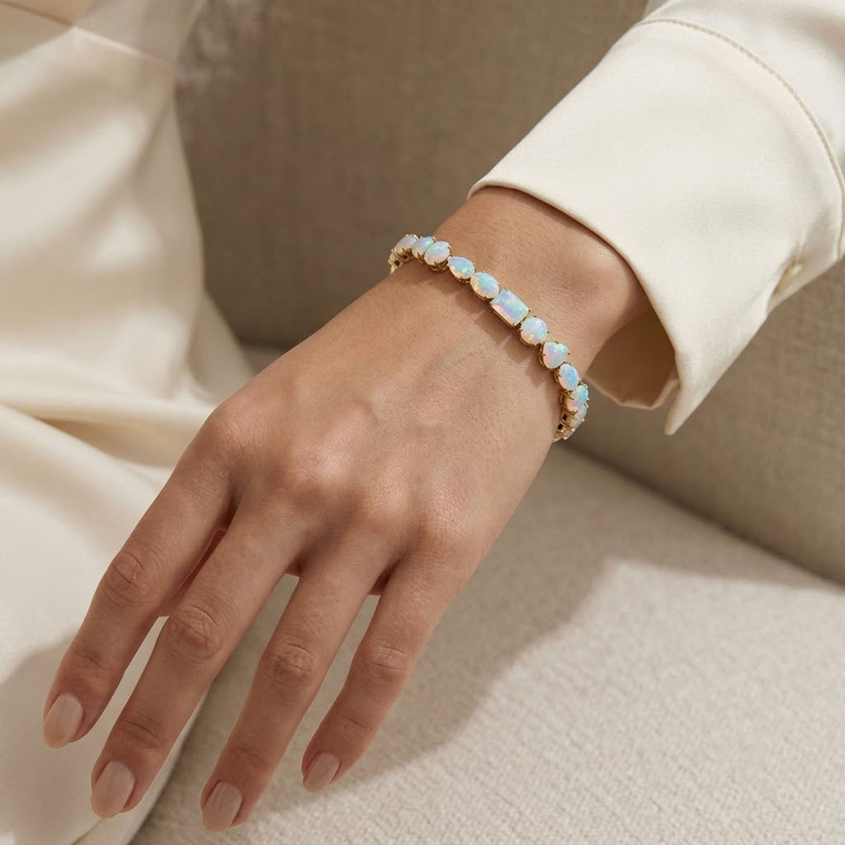 Natural Opal Multi cut Gemstone Tennis Bracelet in 925 Sterling Silver.
