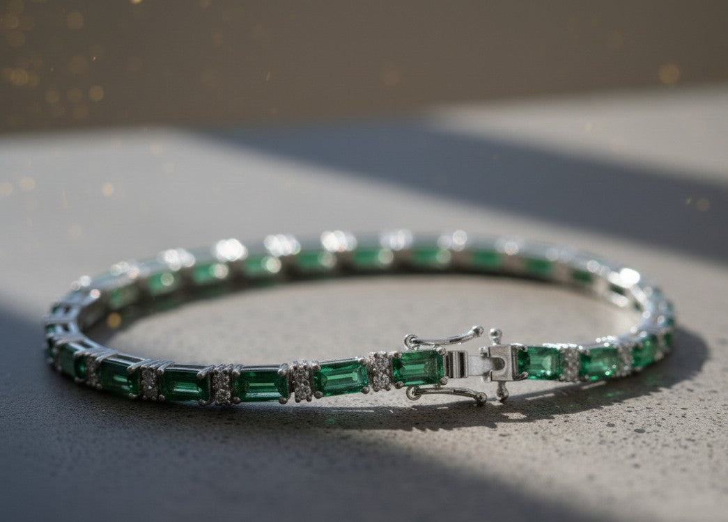 Evergreen Glamour: Lab-Created Emerald & Dazzling Moissanite Tennis Bracelet