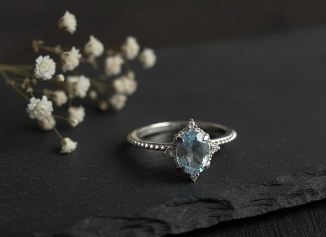 Whispers of the Ocean Ring: Natural Blue Topaz with Dazzling Moissanite Halo