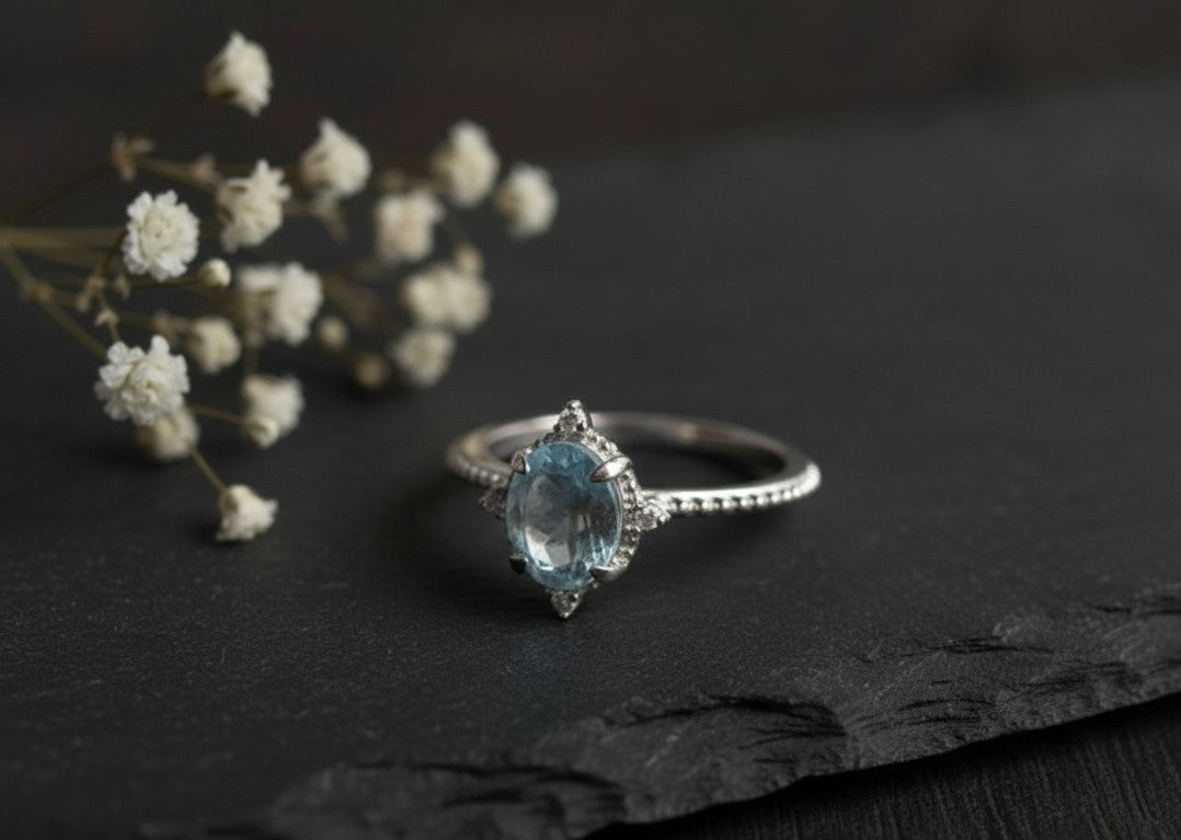 Whispers of the Ocean Ring: Natural Blue Topaz with Dazzling Moissanite Halo