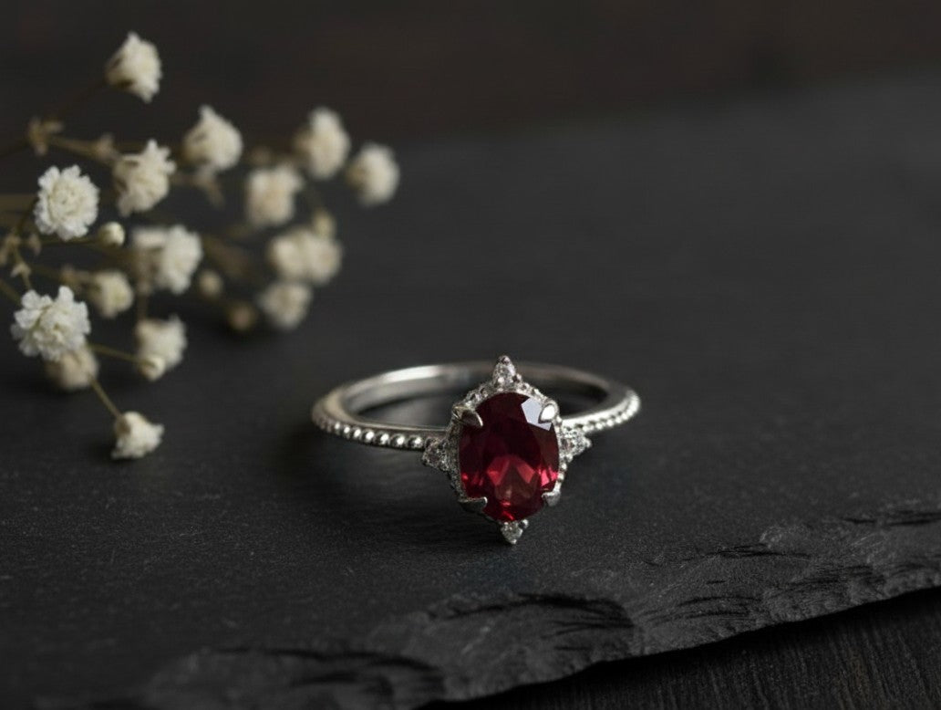 Regal Passion Ring: Natural Garnet & Dazzling Moissanite Cluster Setting