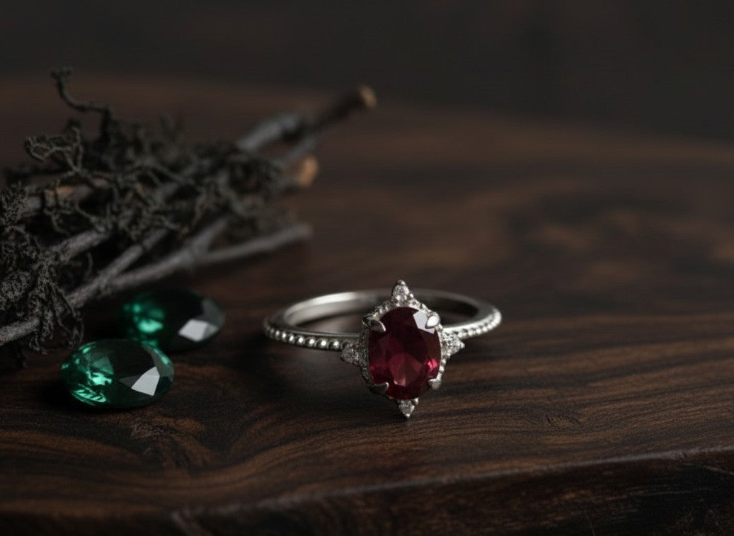 Regal Passion Ring: Natural Garnet & Dazzling Moissanite Cluster Setting
