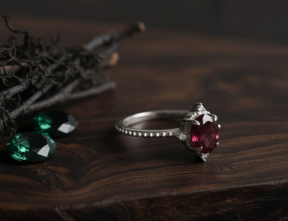 Regal Passion Ring: Natural Garnet & Dazzling Moissanite Cluster Setting