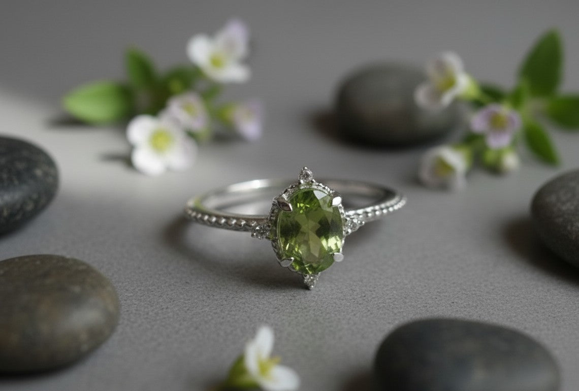 Verdant Glow Ring: Natural Oval Peridot with Dazzling Moissanite Accents