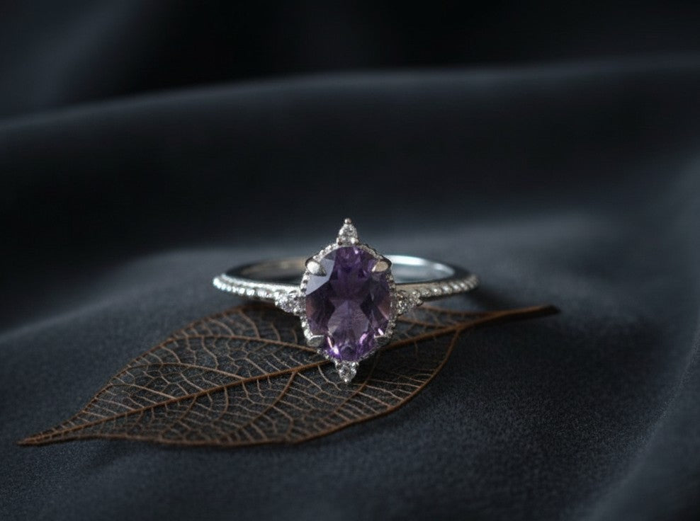 Royal Cluster Ring: Natural Oval Amethyst & Dazzling Moissanite Halo Setting