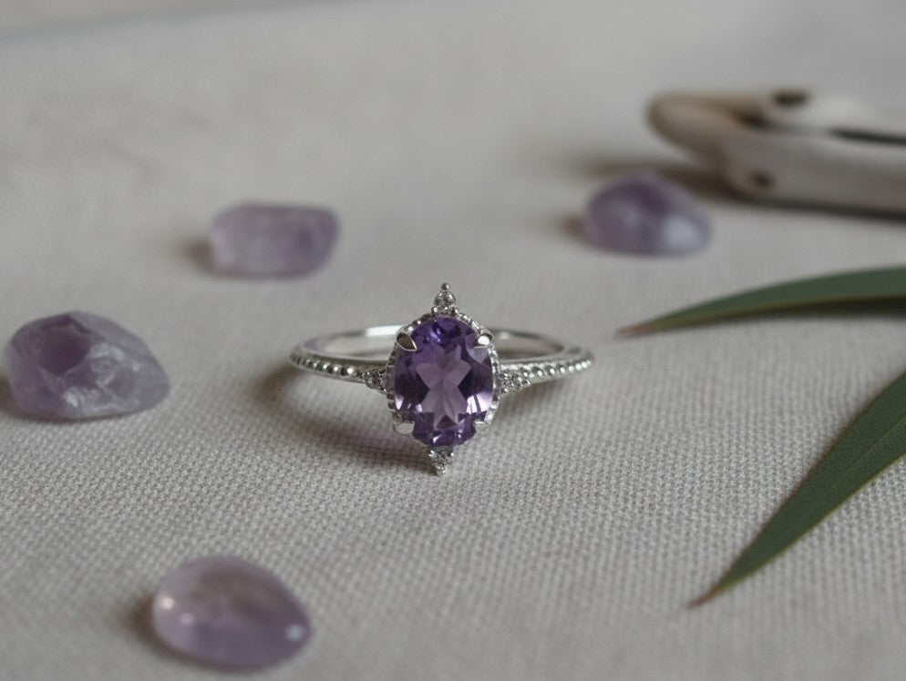 Royal Cluster Ring: Natural Oval Amethyst & Dazzling Moissanite Halo Setting