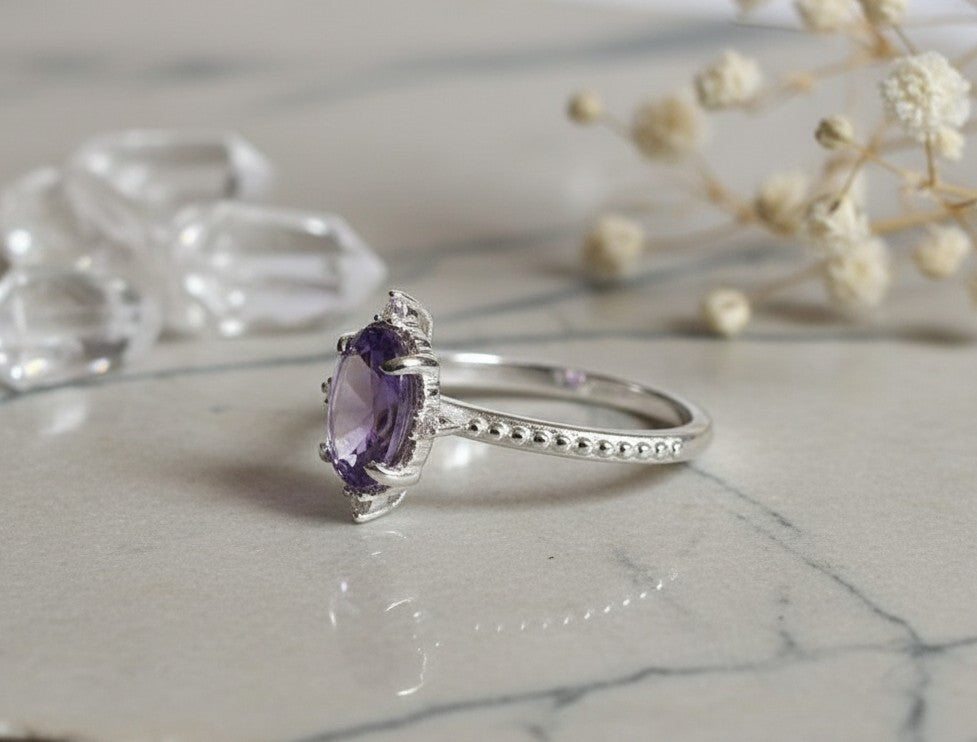 Royal Cluster Ring: Natural Oval Amethyst & Dazzling Moissanite Halo Setting