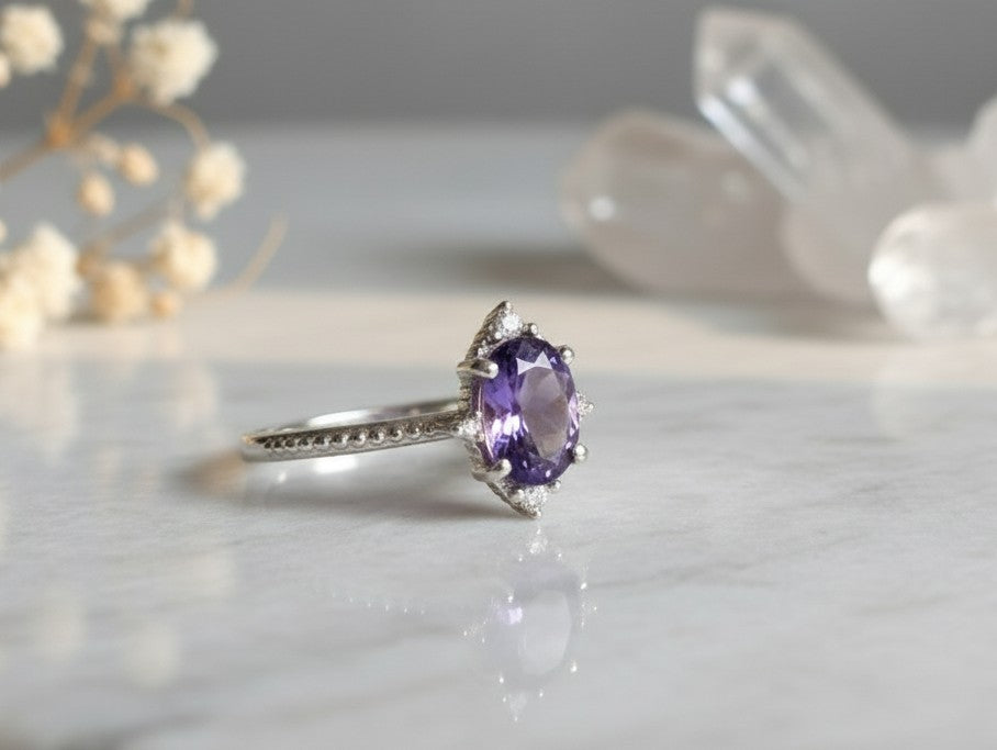 Royal Cluster Ring: Natural Oval Amethyst & Dazzling Moissanite Halo Setting