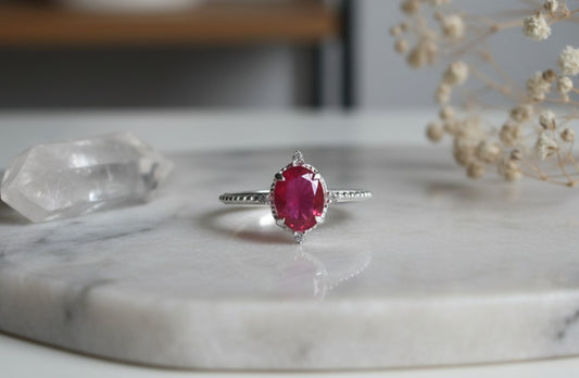 Vintage Romance Ring: Natural Oval Ruby with Dazzling Moissanite Accents