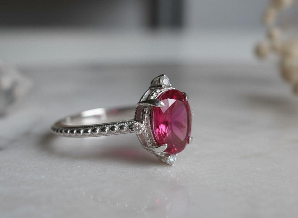 Vintage Romance Ring: Natural Oval Ruby with Dazzling Moissanite Accents