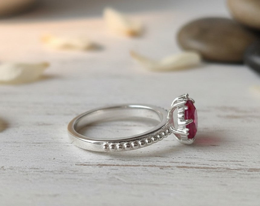 Vintage Romance Ring: Natural Oval Ruby with Dazzling Moissanite Accents