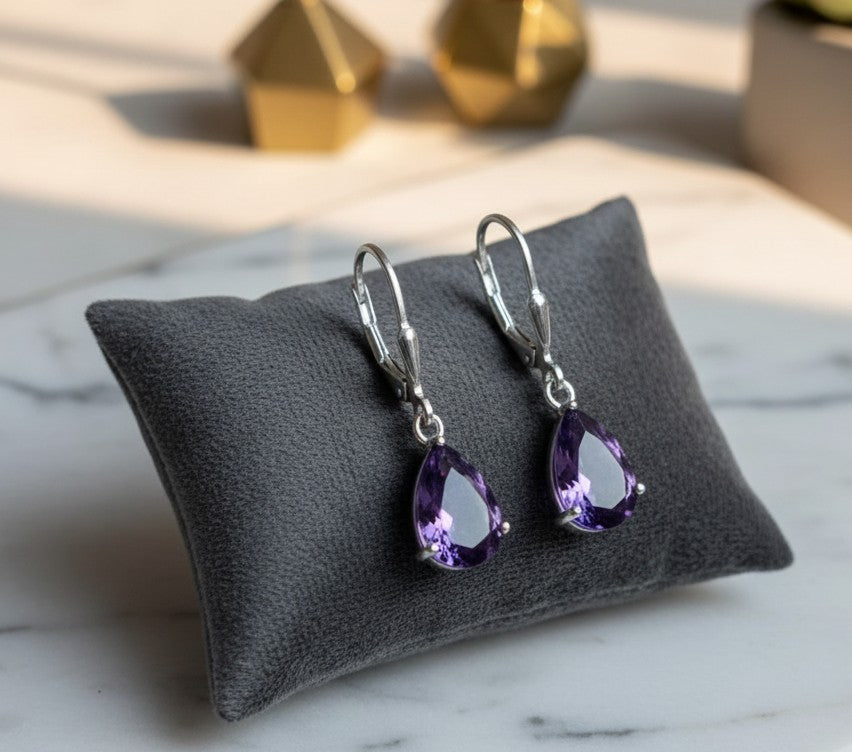 Regal Drop Earrings: Natural Pear Amethyst & Sparkling Moissanite Dangles