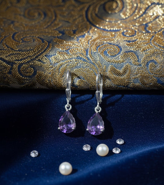 Regal Drop Earrings: Natural Pear Amethyst & Sparkling Moissanite Dangles