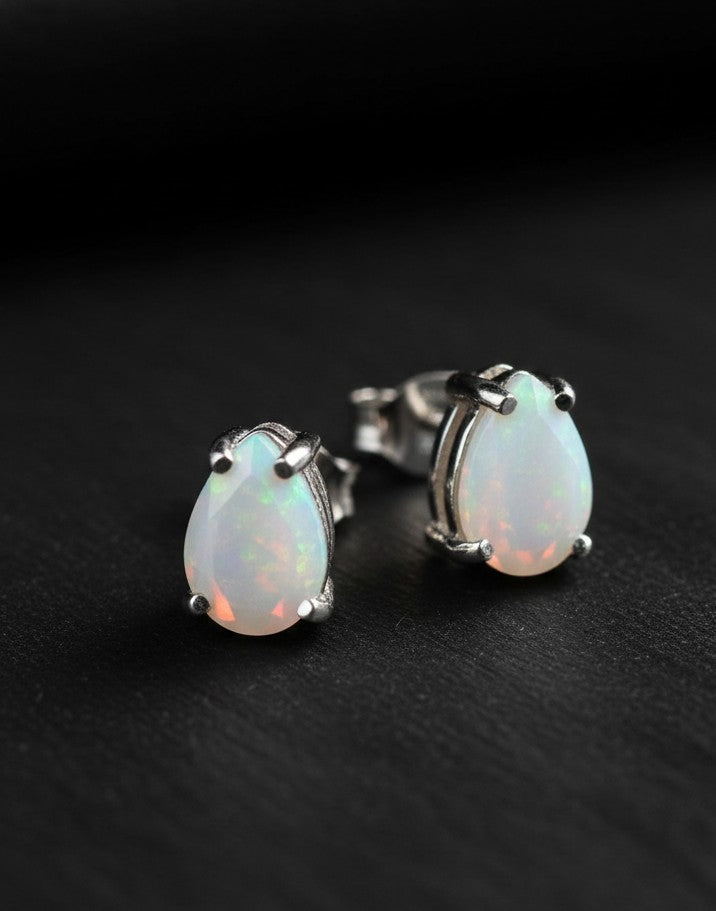 Ethereal Fire Studs: Natural Pear Opal Earrings in Sterling Silver