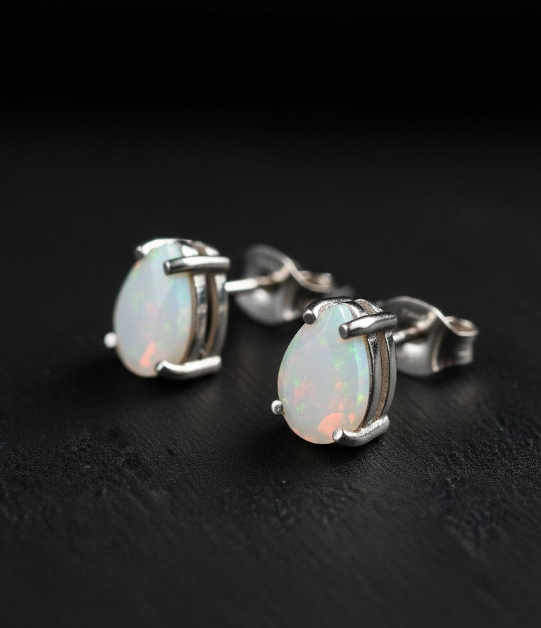 Ethereal Fire Studs: Natural Pear Opal Earrings in Sterling Silver
