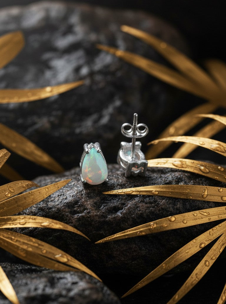 Ethereal Fire Studs: Natural Pear Opal Earrings in Sterling Silver