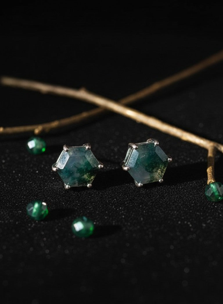 Earthy Glow Studs: Natural Hexagon Moss Agate Earrings in Sterling Silver
