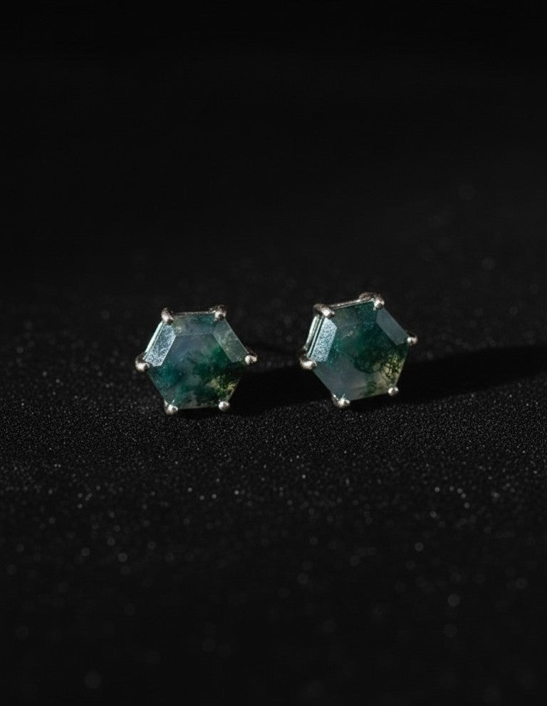 Earthy Glow Studs: Natural Hexagon Moss Agate Earrings in Sterling Silver