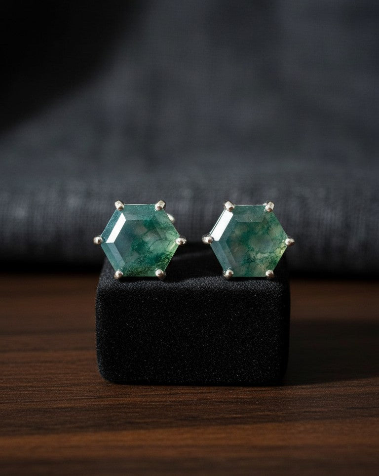 Earthy Glow Studs: Natural Hexagon Moss Agate Earrings in Sterling Silver