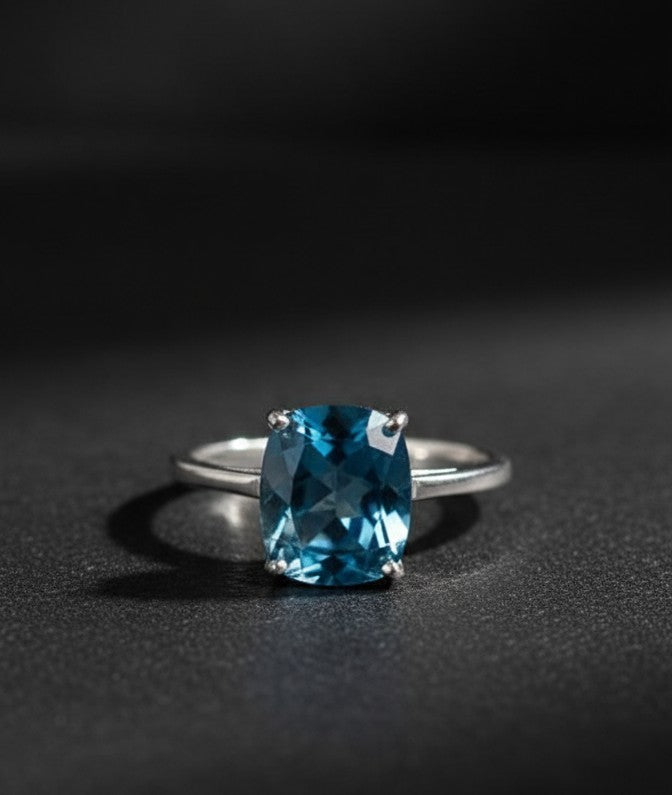 Deep Ocean Solitaire Ring: Natural London Blue Topaz in Sterling Silver