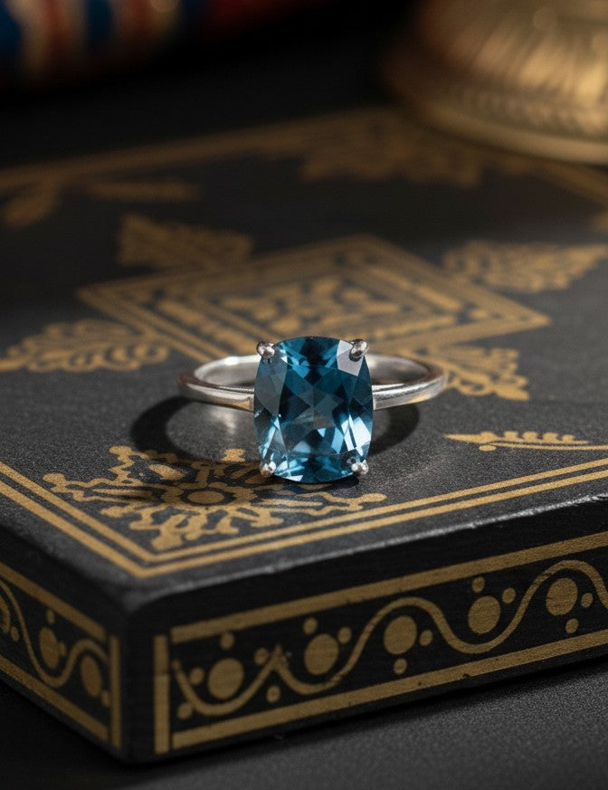 Deep Ocean Solitaire Ring: Natural London Blue Topaz in Sterling Silver